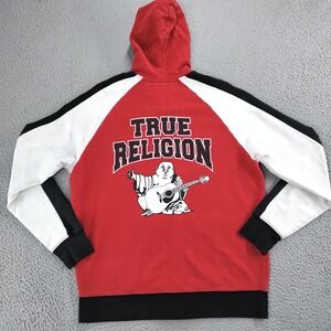 True Religion Hoodie Mens XL Red Black White Raglan Full Zip Buddha Back Logo